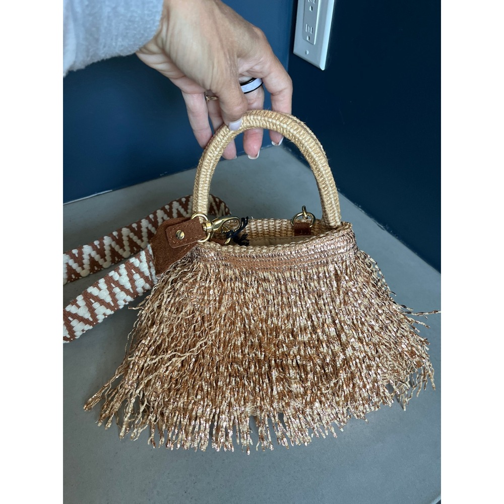 ViaMailBag Italy Rose Gold Glitter Fringe Straw Bucket Bag Boho Summer Festival - Picture 2 of 16